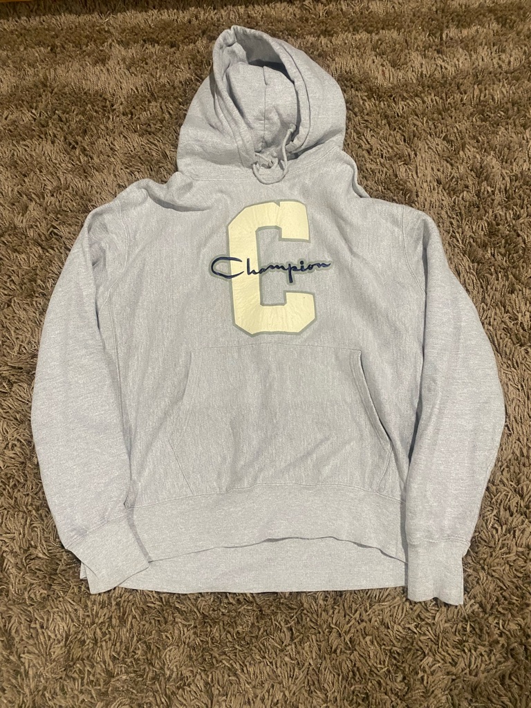 Champion Light Gray Hoodie With Cream 'C' And Navy Script
